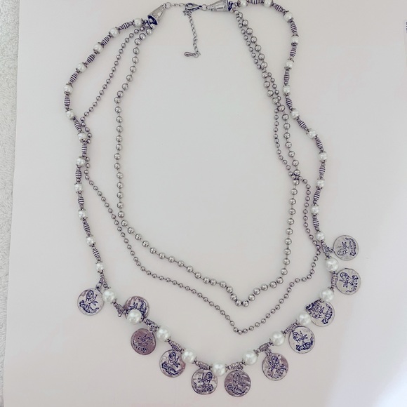CHICOS Bohemian Silver Beaded Coin and Pearl Gypsy Multi-strand Necklace - Picture 4 of 10